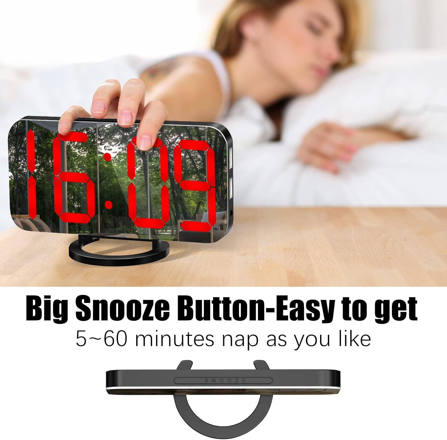 WulaWindy Digital Alarm Clock with USB Charger and Large Mirror Display