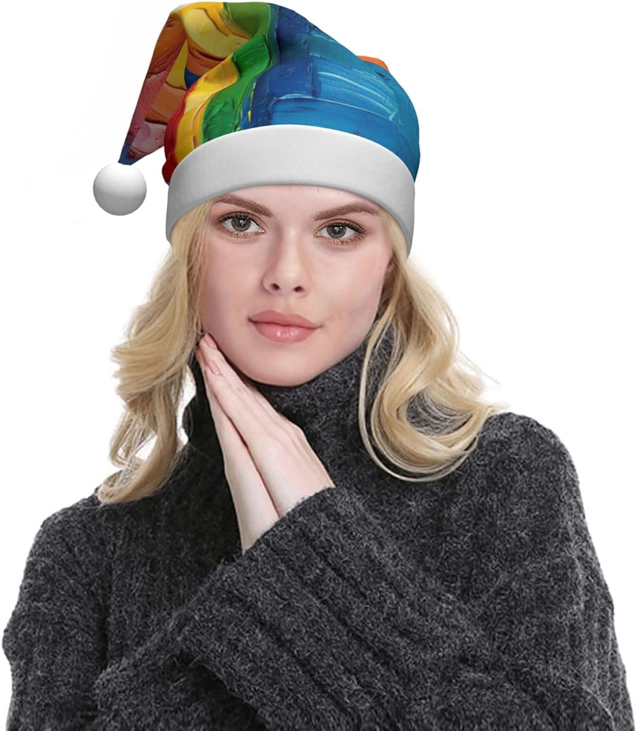 QINZHENG Personalized Santa Hat with Rainbow Print