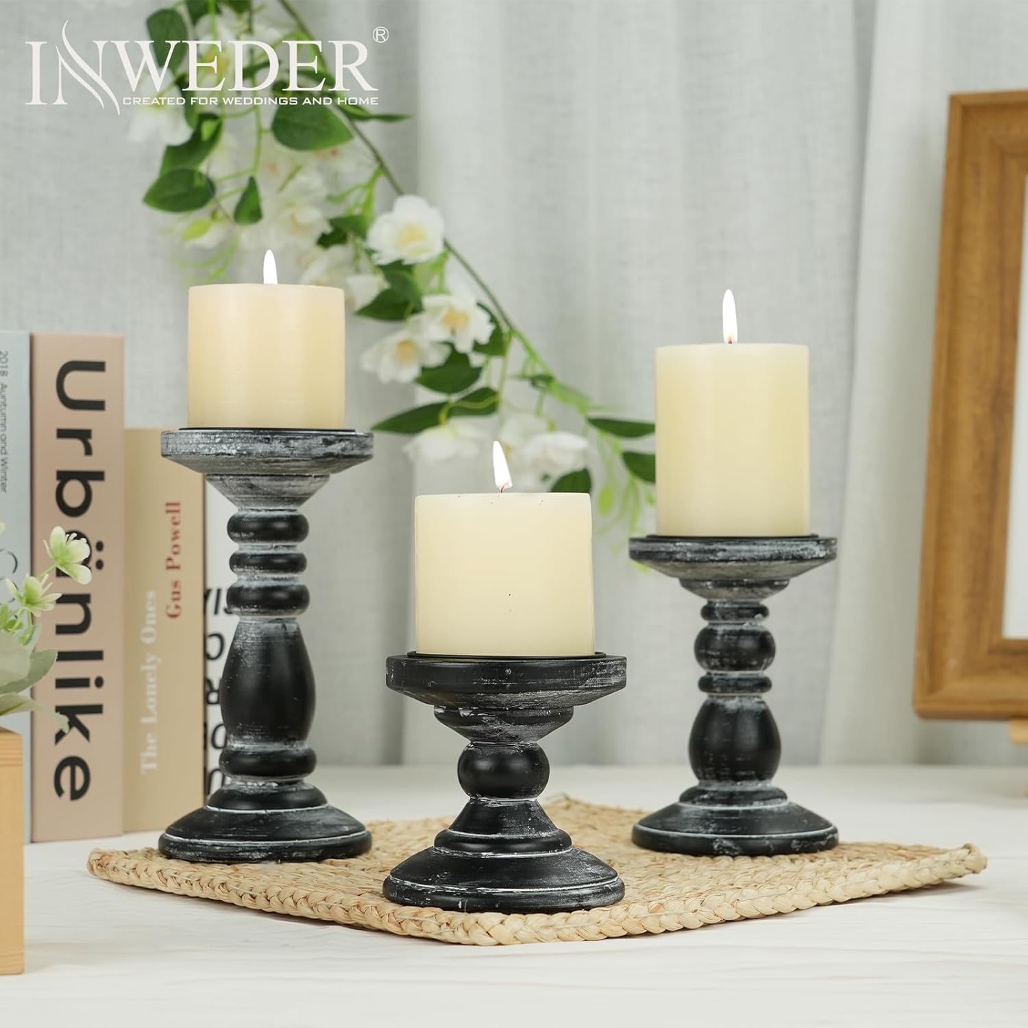 Inweder 3Pcs Rustic Black Candle Holders for Pillar Candles