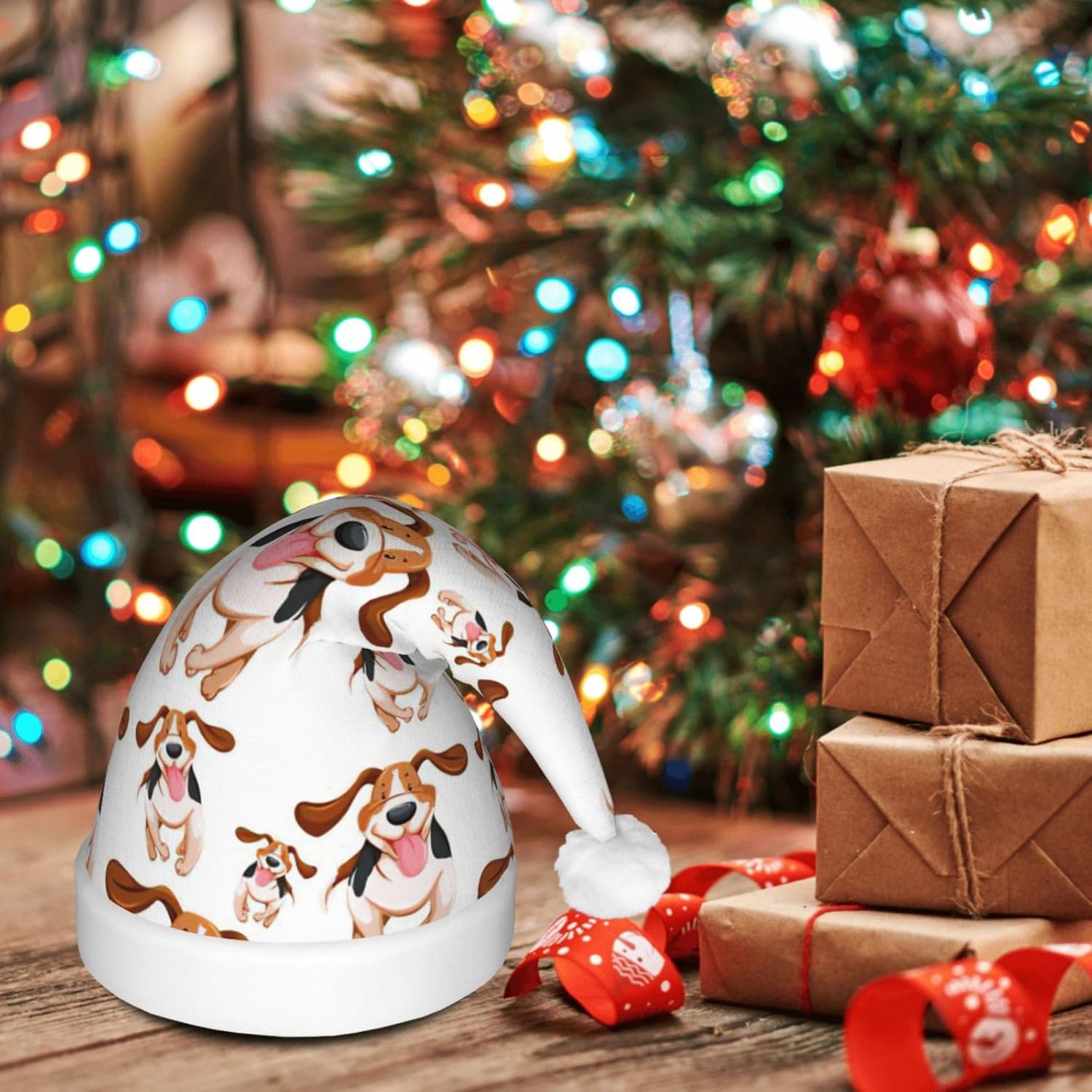 Cartoon Pug Print Light Up Santa Hat For Adults