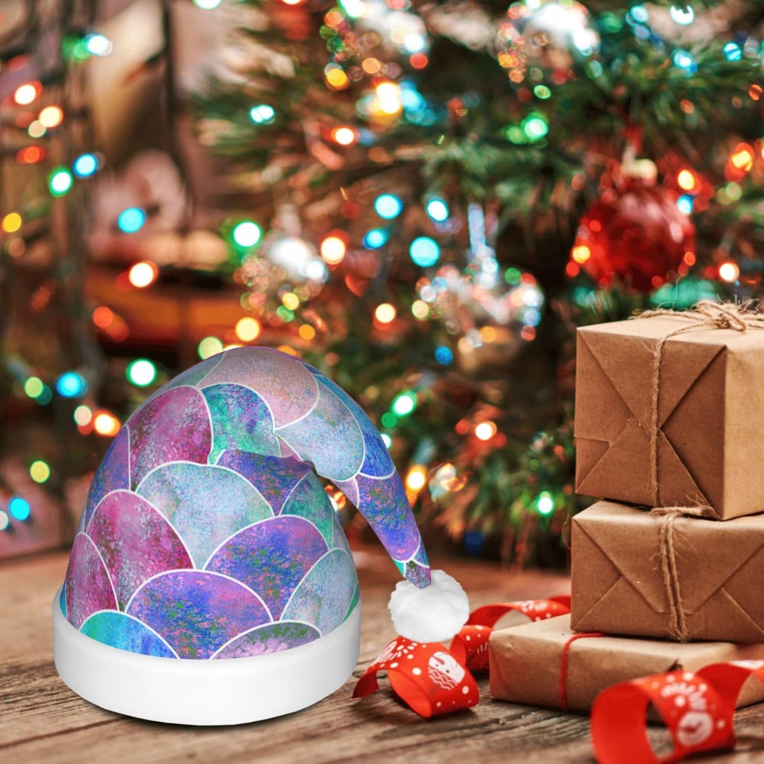 Fish Scale Ocean Print LED Santa Hat for Adults Christmas Party