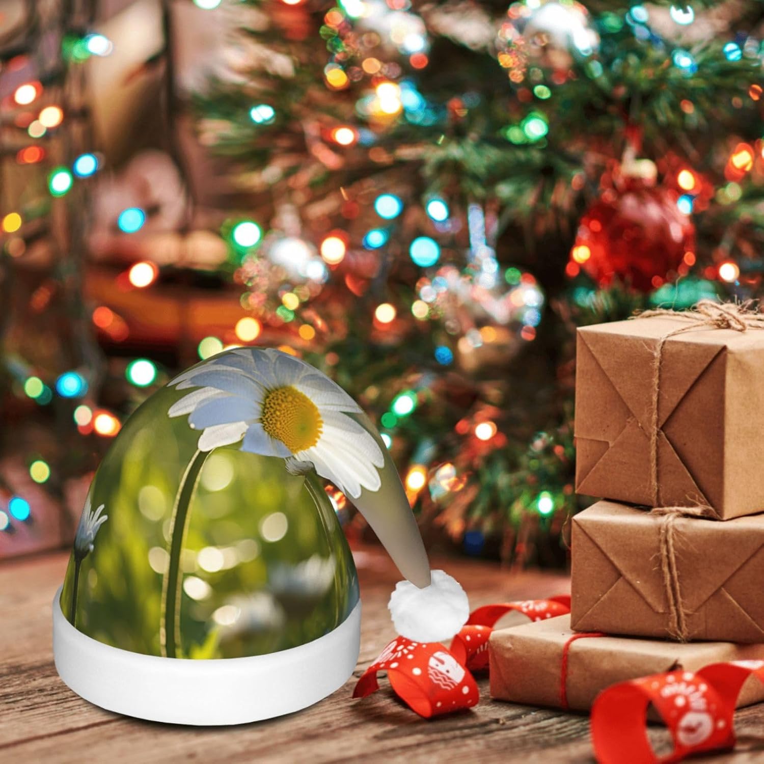 QINZHENG White Daisy Santa Hat with LED Lights for Christmas Party