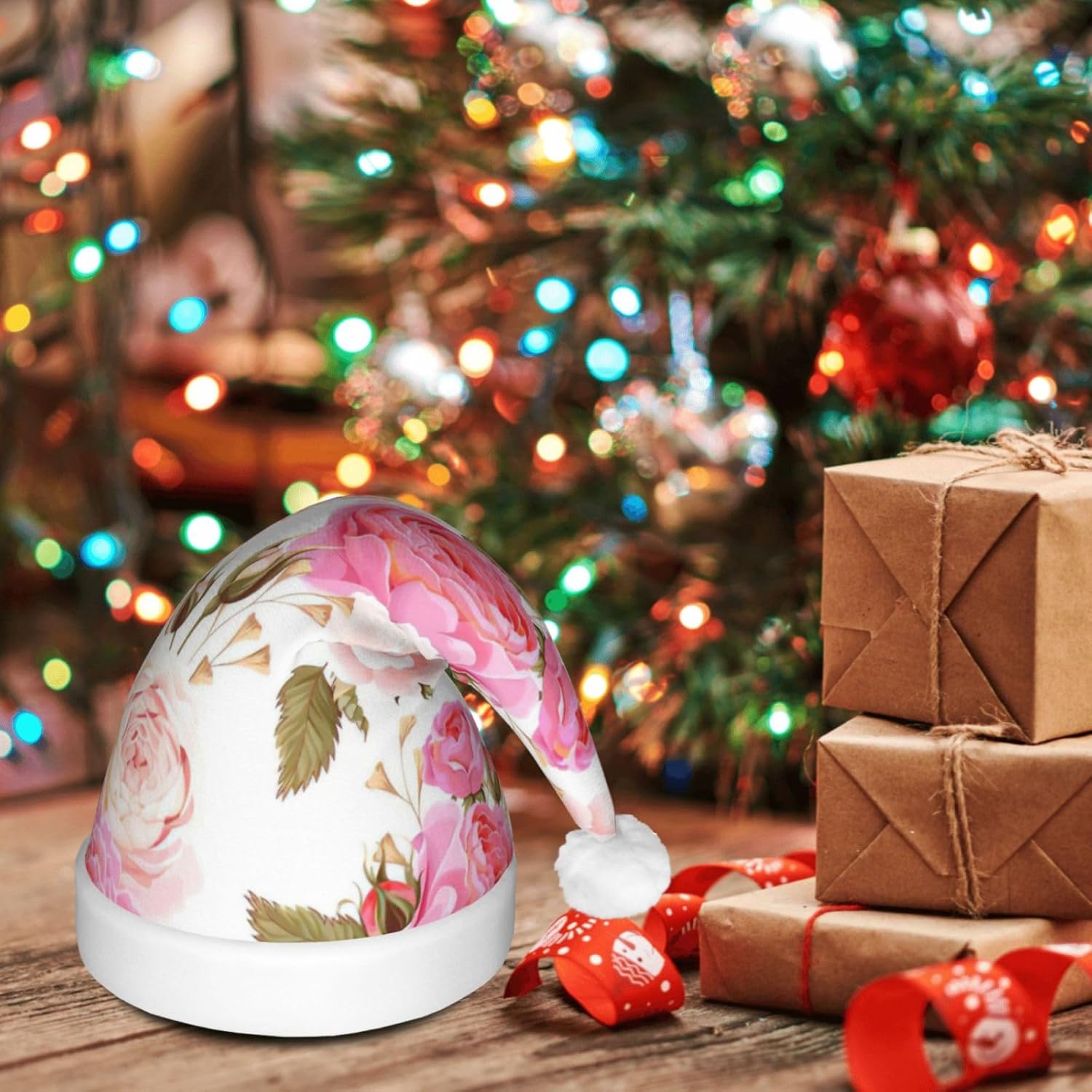 QINZHENG Rose Print LED Santa Hat for Christmas Party