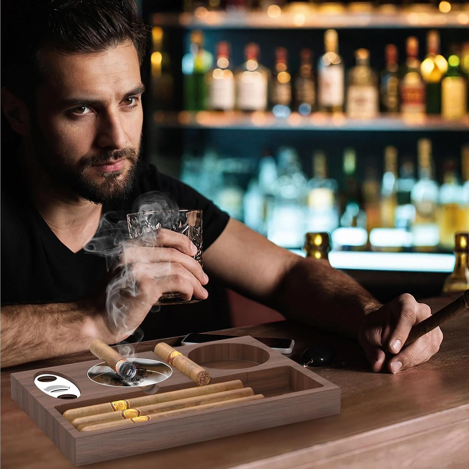 Wooden Cigar Ashtray with Cutters and Whiskey Glass Holder