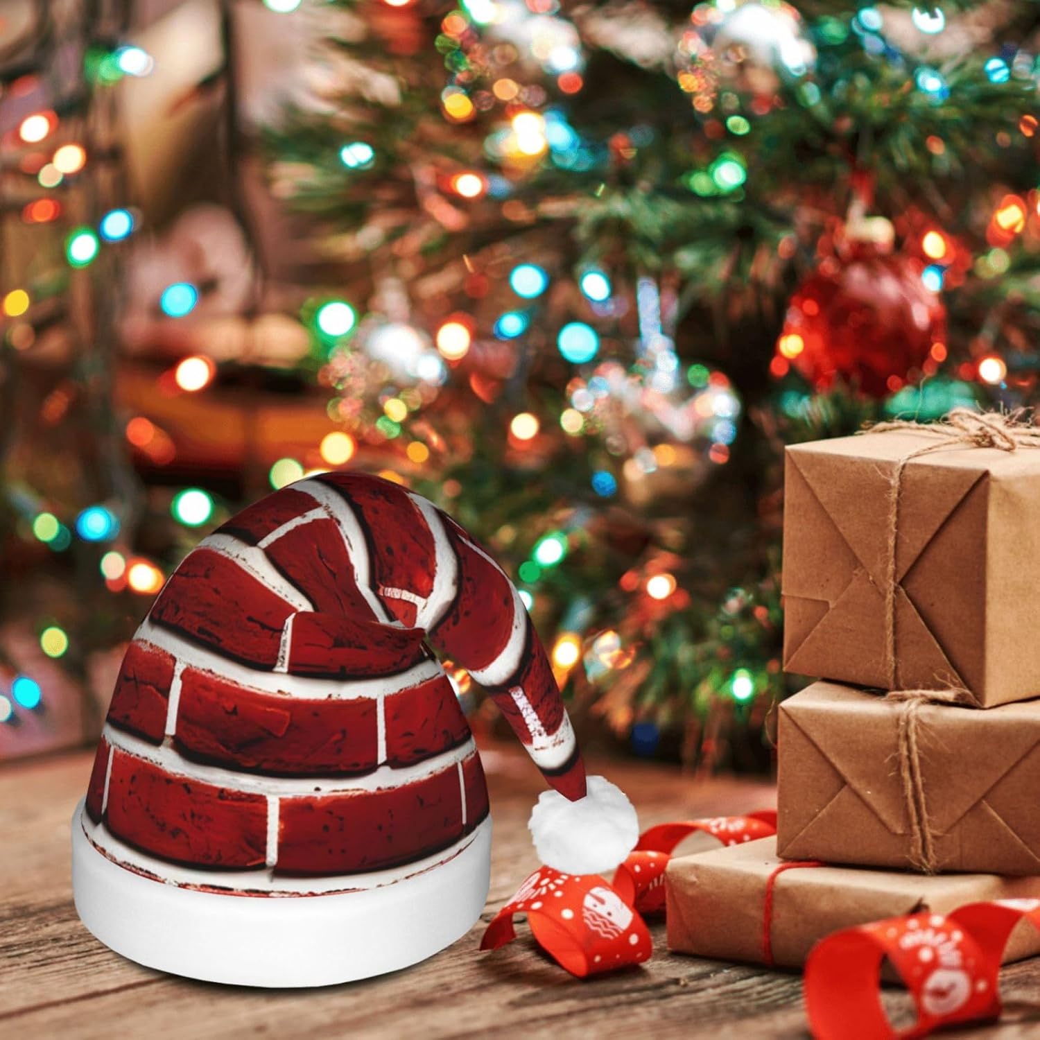 QINZHENG Brick Red LED Santa Hat for Adults Christmas Party Hat