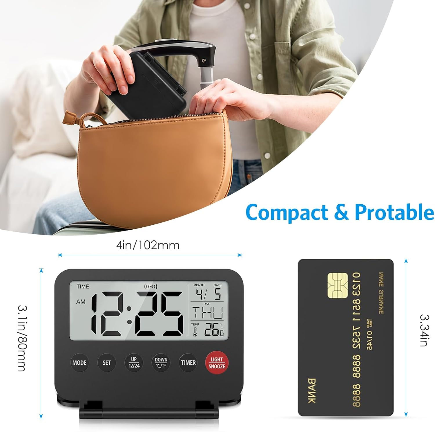 AMIR Digital Travel Alarm Clock with Calendar and Temperature