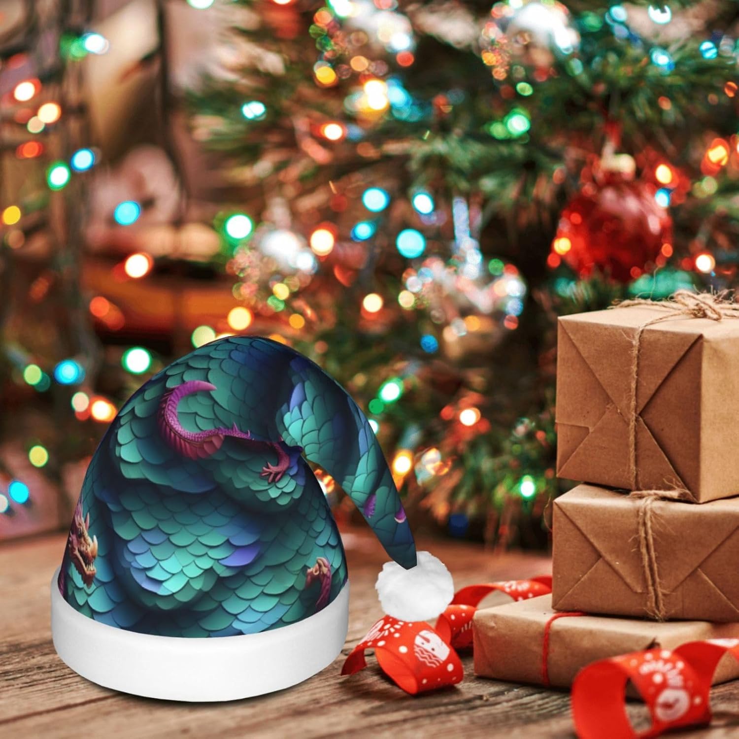 3D Magical Dragon Scales Print Velvet Santa Hat with LED Lights