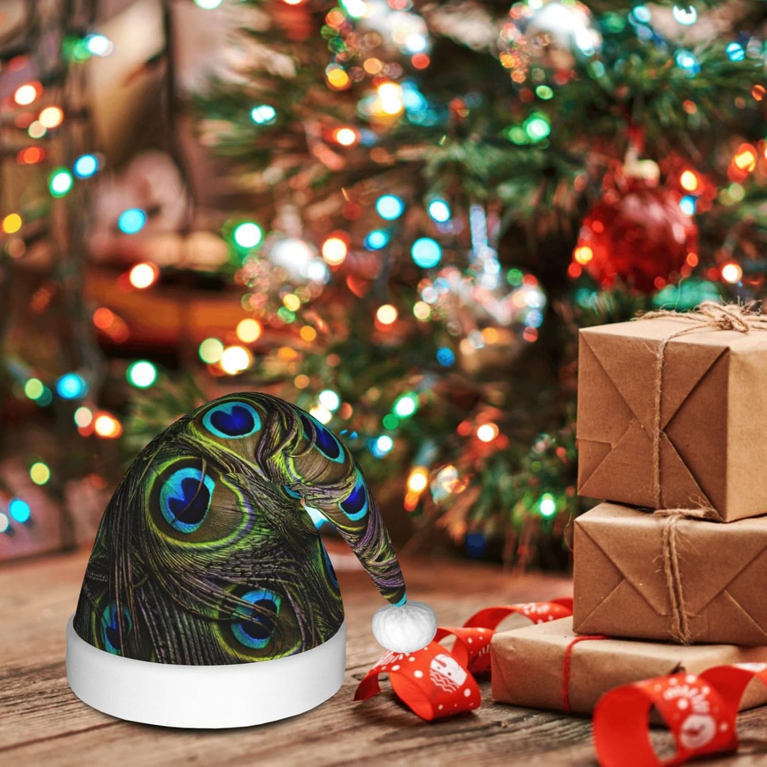 QINZHENG Peacock Print Santa Hat Christmas Gift for Women