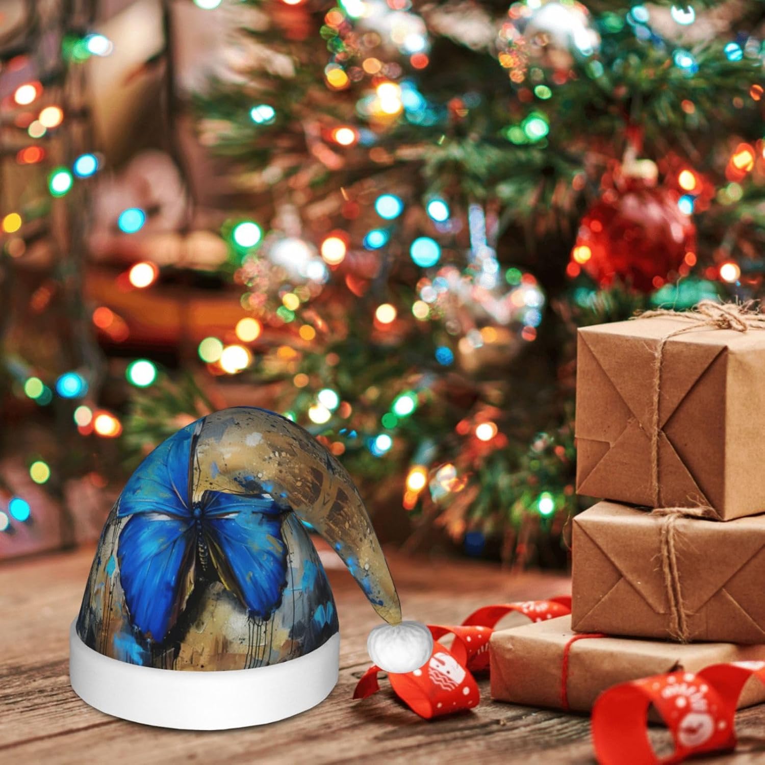 Blue Butterfly Print Christmas Santa Hat Small Size