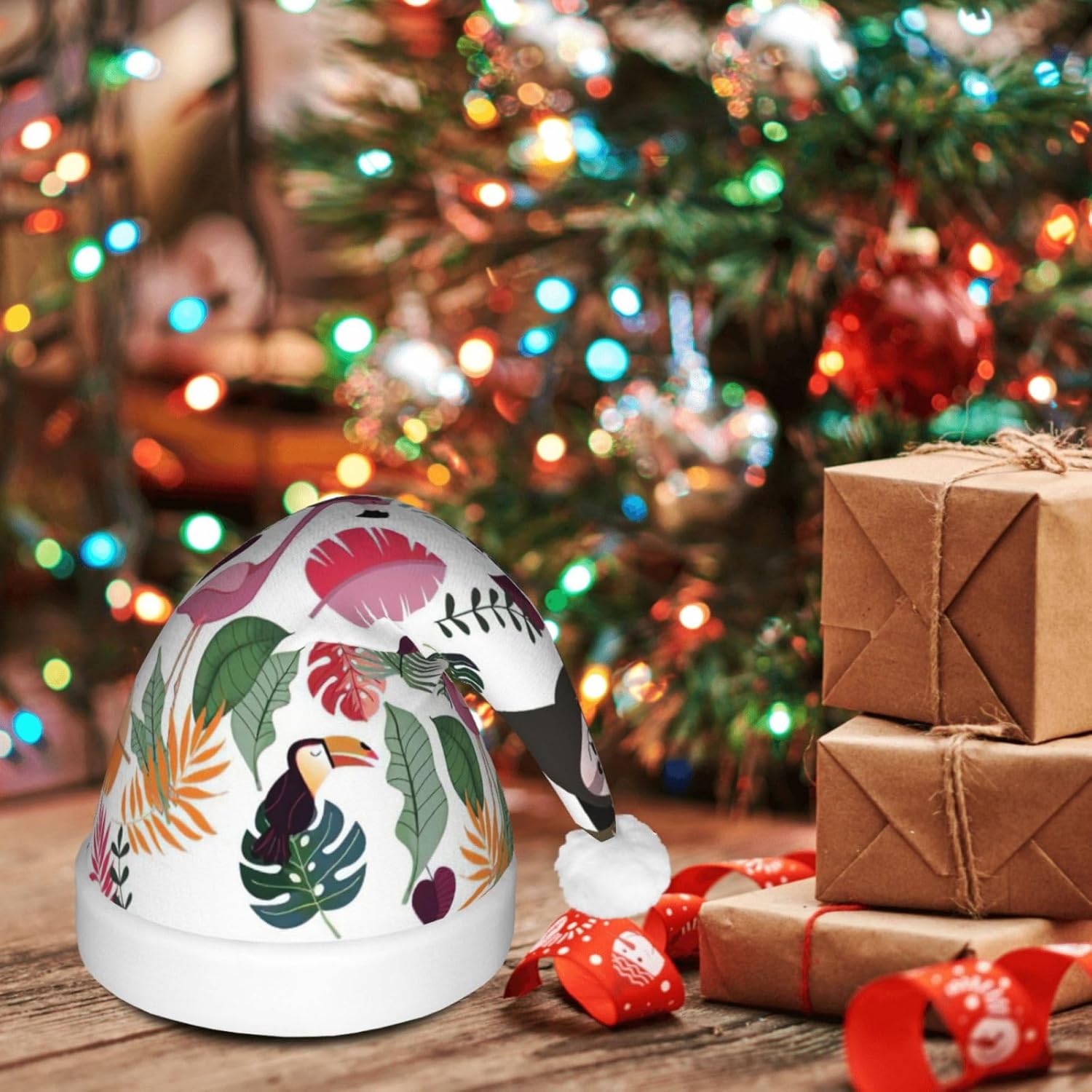 Sloth Pink Tropical Christmas Santa Hat Plush Light Up