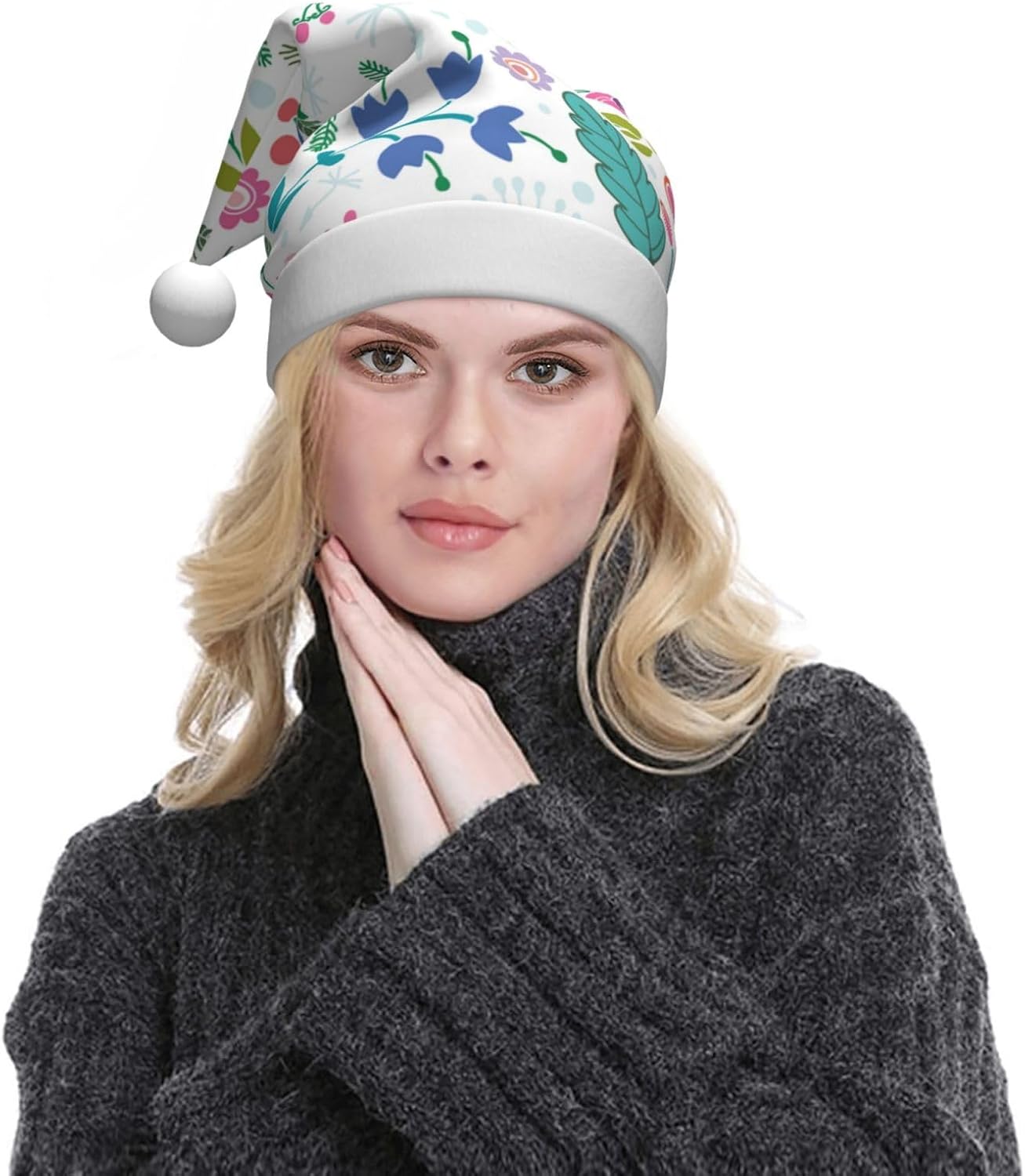QINZHENG Personalized Santa Hat with Doodle Flowers Print