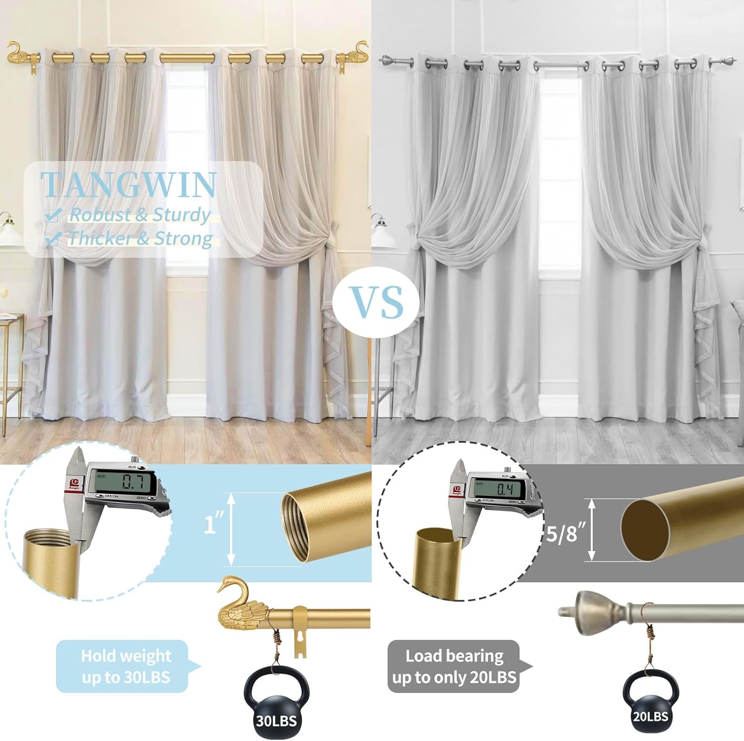 TANGWIN Gold Farmhouse Curtain Rod with Swan Finials