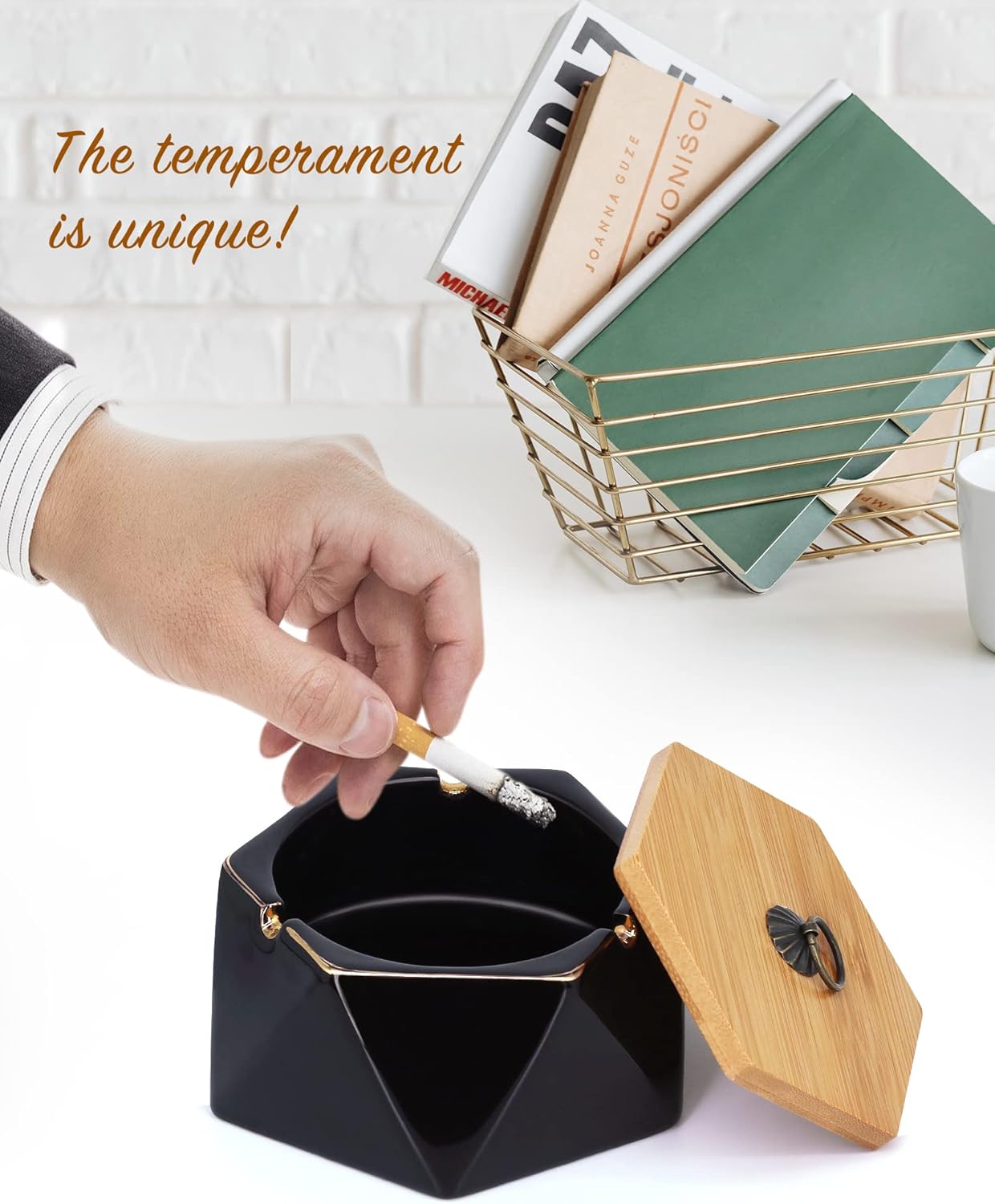 Pink Marble Ceramic Ash Tray with Lid for Home and Office