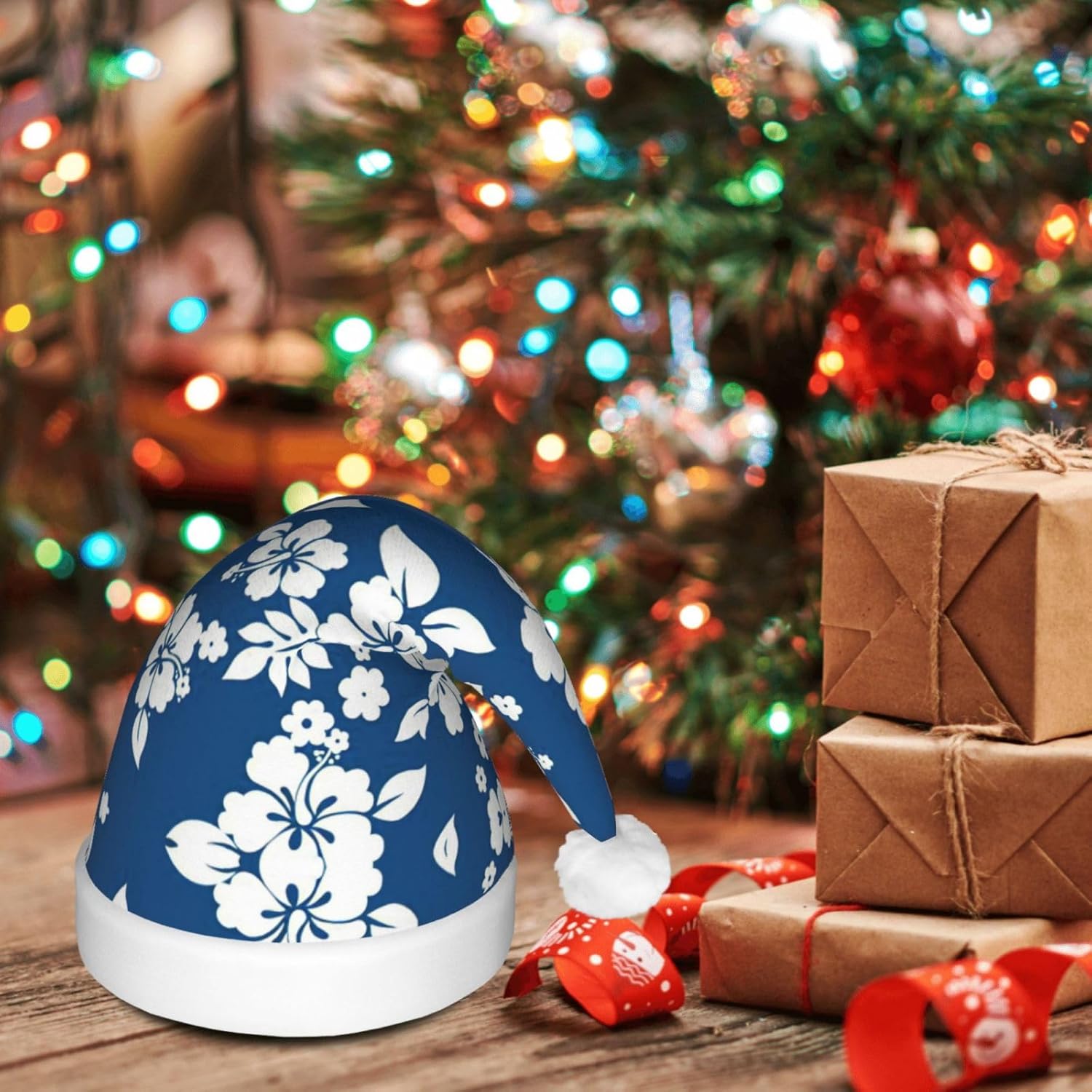 Hawaii Flower Print Light Up Santa Hat for Adult Christmas Party
