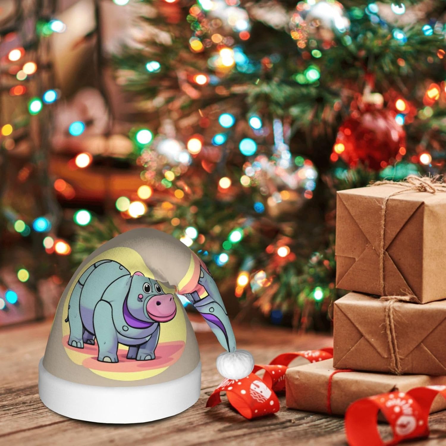 QinZheng Cartoon Hippo Santa Hat Personalized Xmas Gift for Women Adult