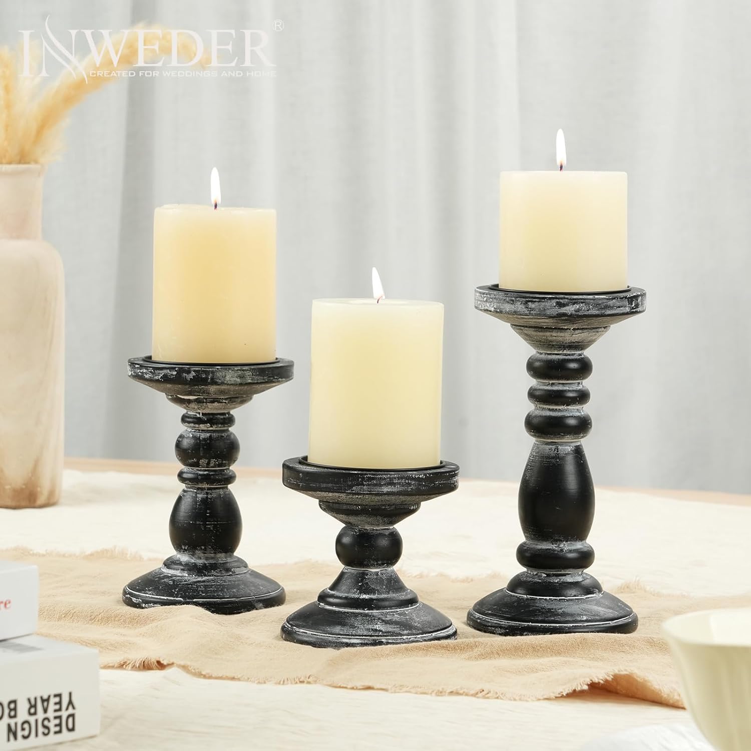 Inweder 3Pcs Rustic Black Candle Holders for Pillar Candles