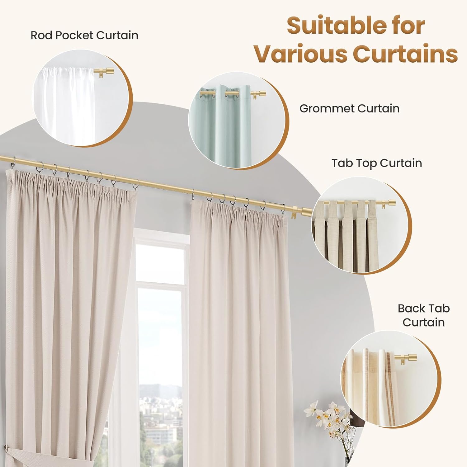 Vikarler 58 Inch Gold Curtain Rod 2 Pack Adjustable