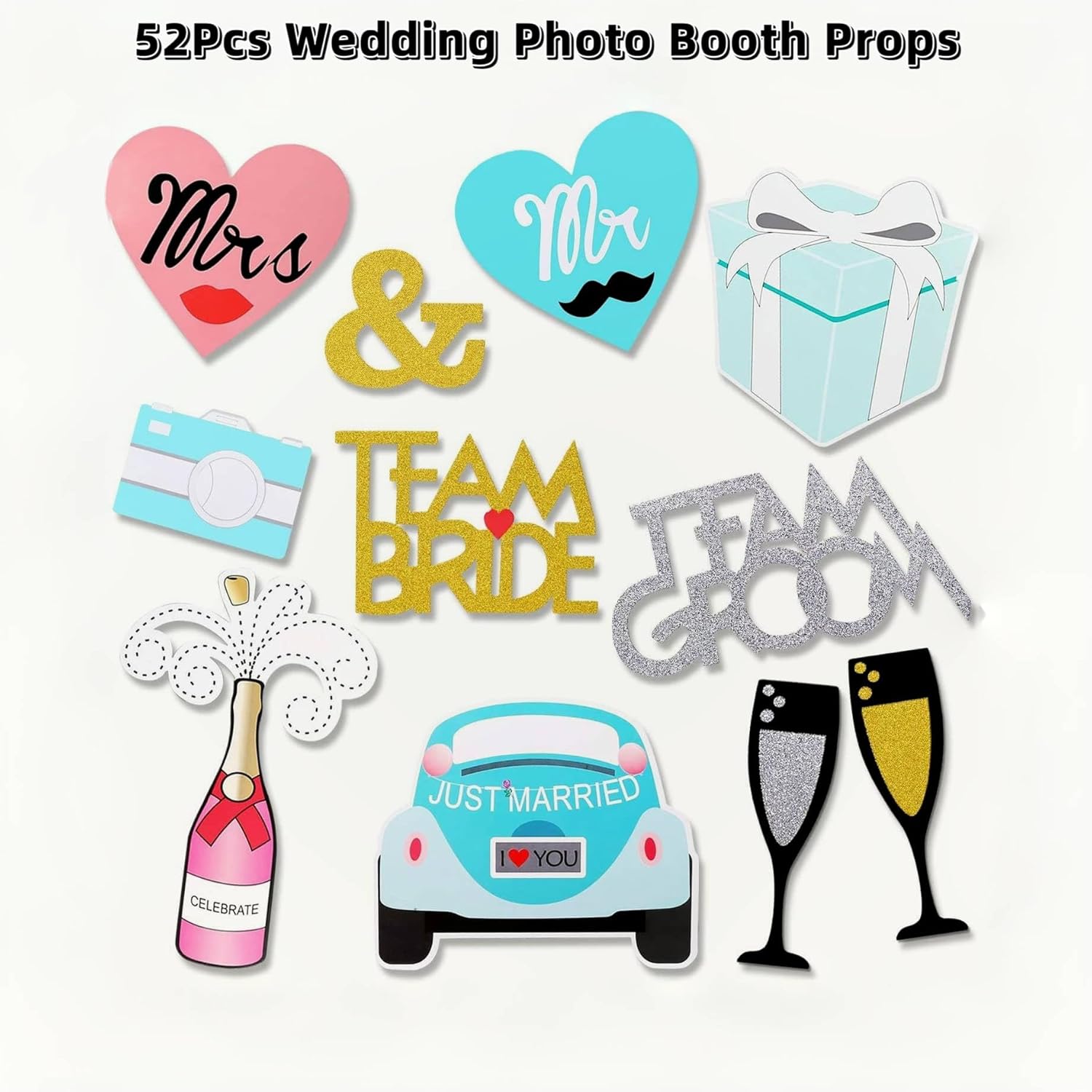 52Pcs Wedding Photo Booth Props - Gold Dust Cute Decorations