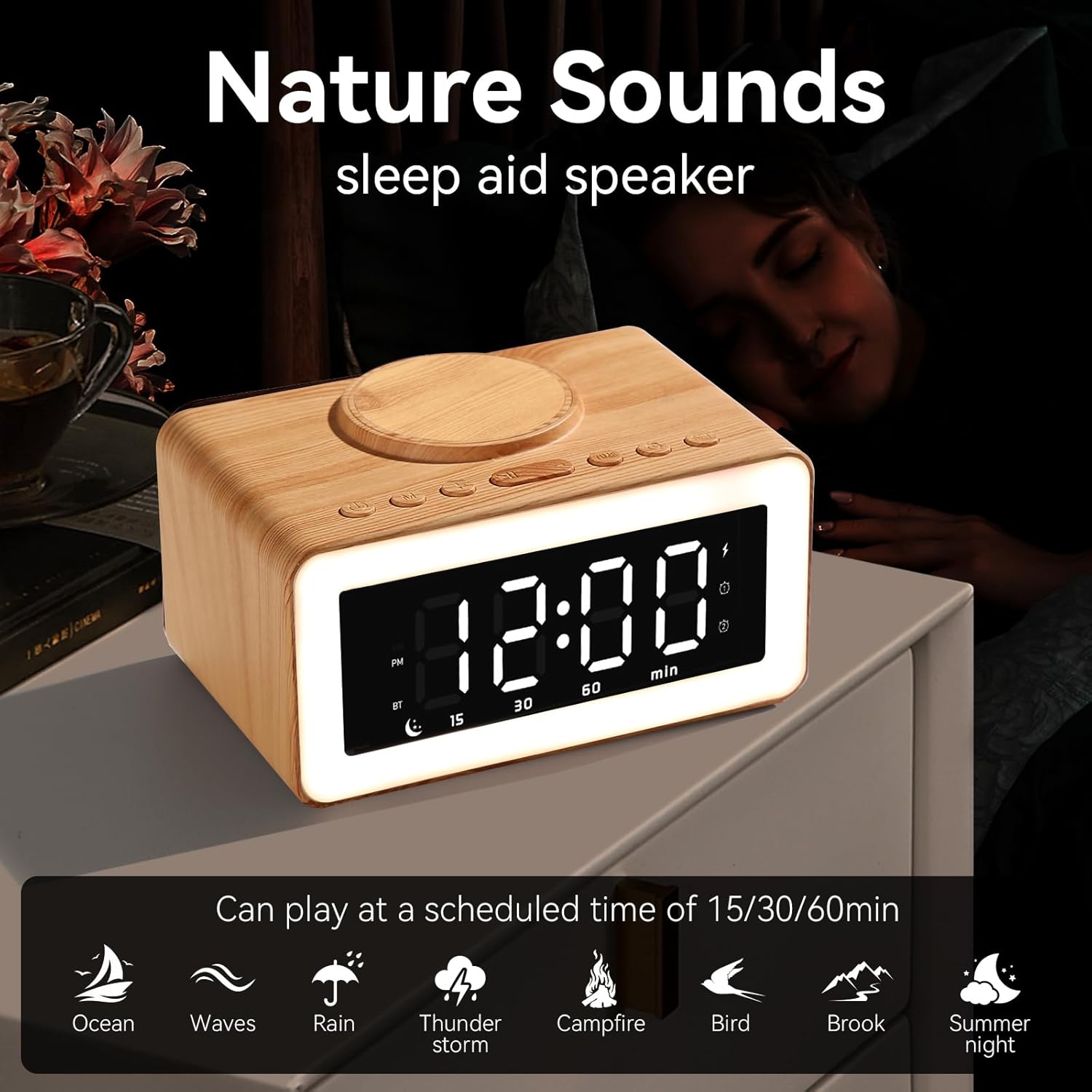 Bluetooth Alarm Clock with Wireless Charging and LED Night Light