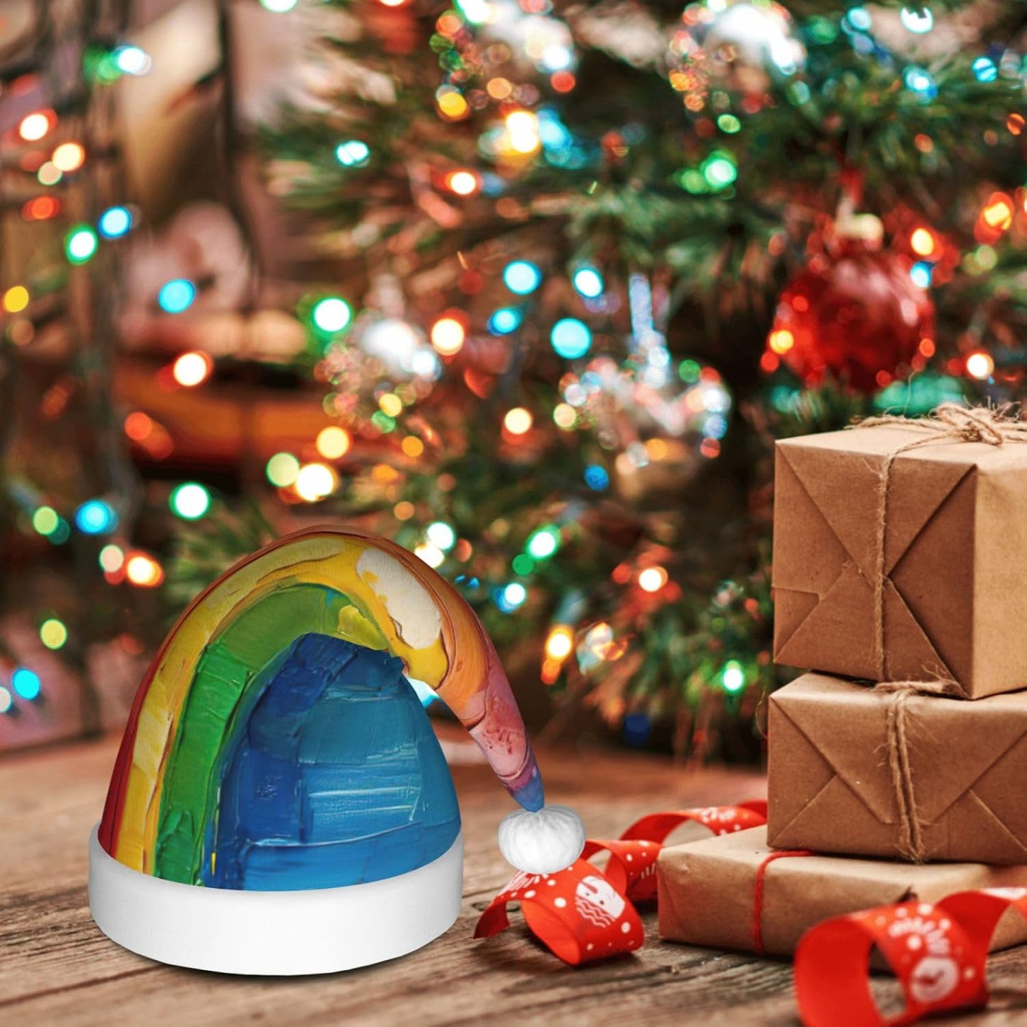 QINZHENG Personalized Santa Hat with Rainbow Print