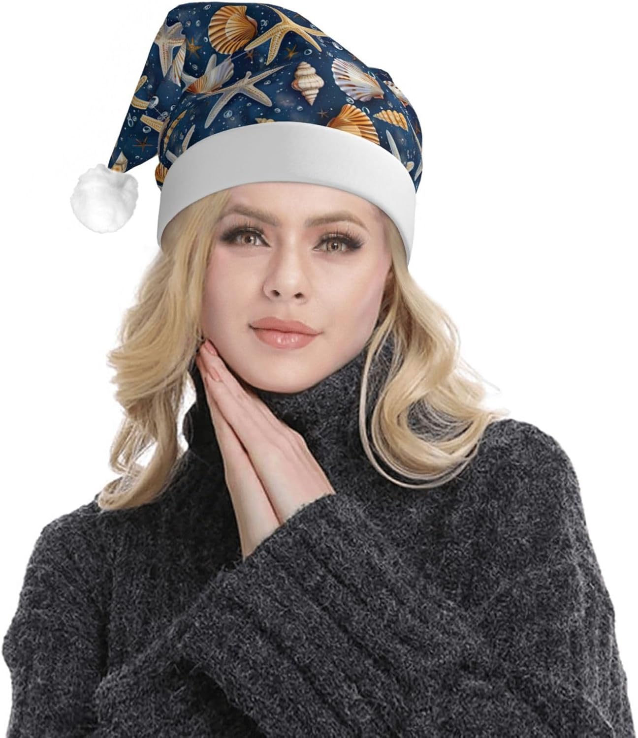 Starfish Seashell Pattern Light Up Santa Hat for Adults