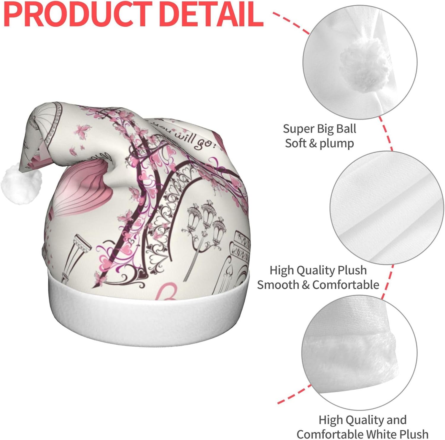 Dog and Paris Towe Print Santa Hat Plush Light Up for Adults