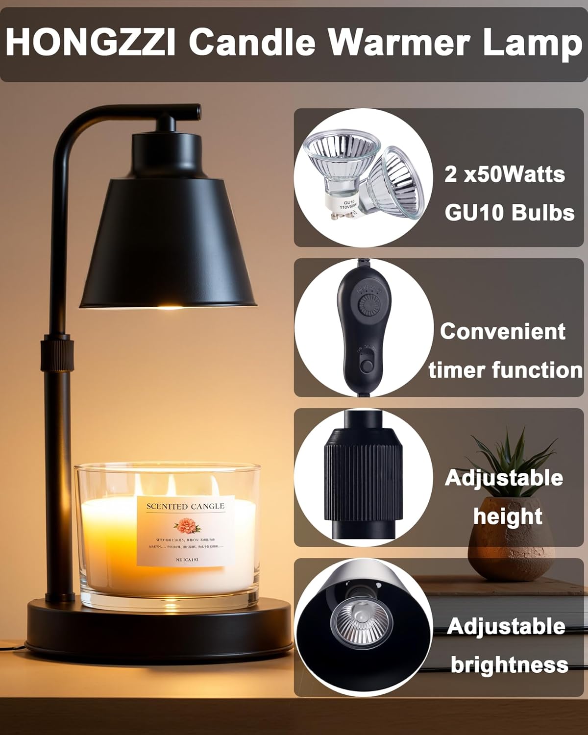 Candle Warmer Lamp with Timer - Adjustable Brightness and Height 2 Free Bulbs Included