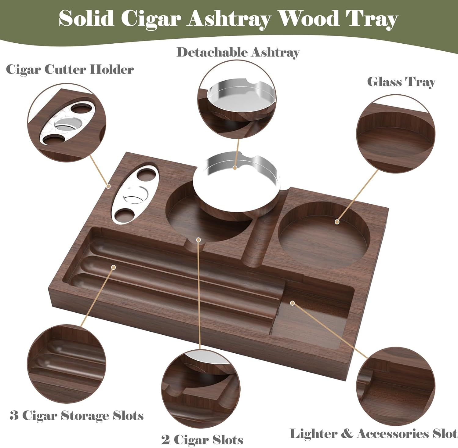 Wooden Cigar Ashtray with Cutters and Whiskey Glass Holder