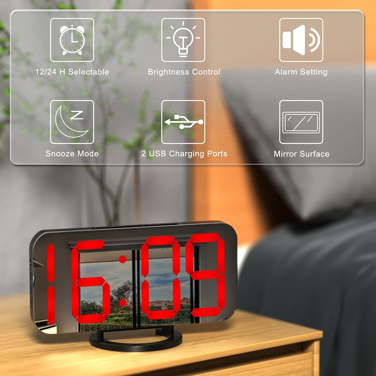 WulaWindy Digital Alarm Clock with USB Charger and Large Mirror Display