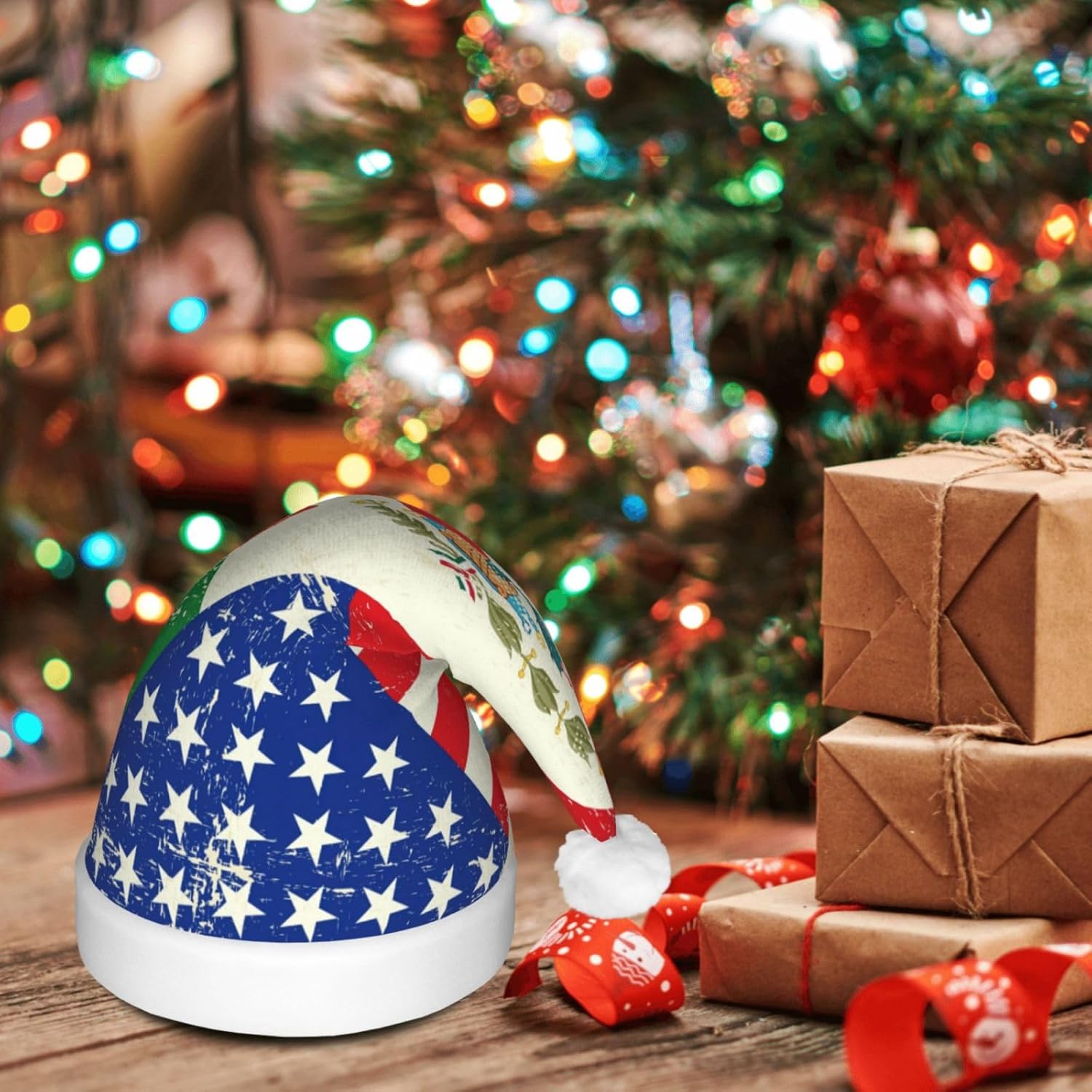 Mexican American Flag Print Santa Hat with LED Light Up