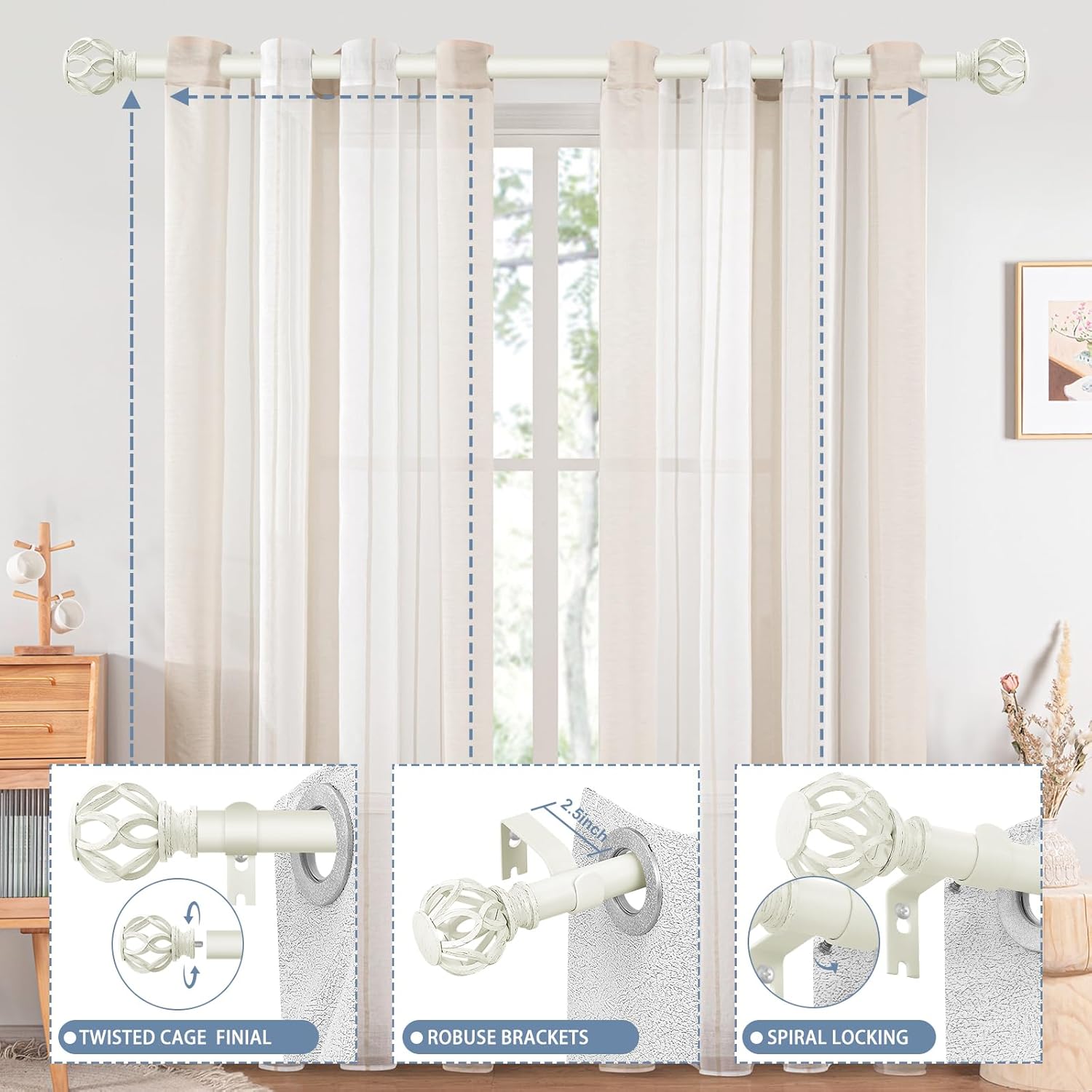 White Twisted Cage Finials Curtain Rod for Windows
