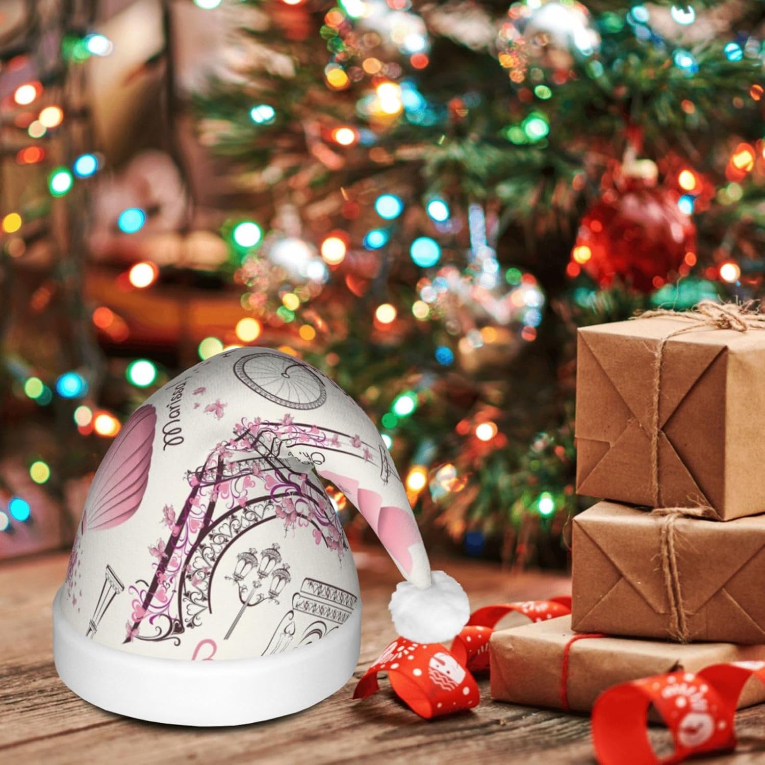 Dog and Paris Towe Print Santa Hat Plush Light Up for Adults