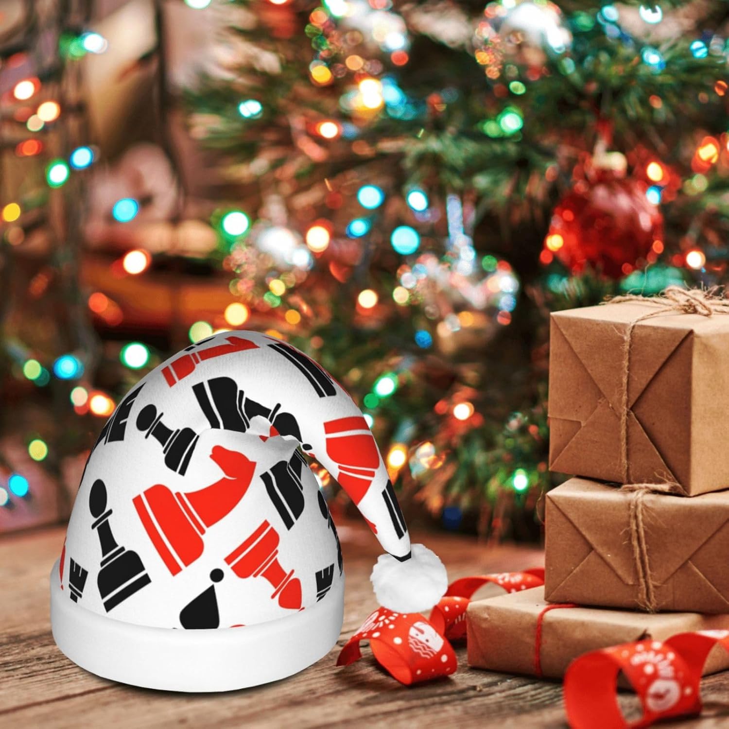 Chess Pattern Christmas Santa Hat Plush Light Up for Adults