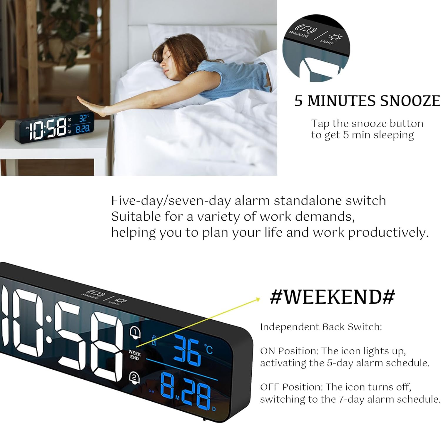 LED Alarm Clock with Voice Control and Dual Alarm