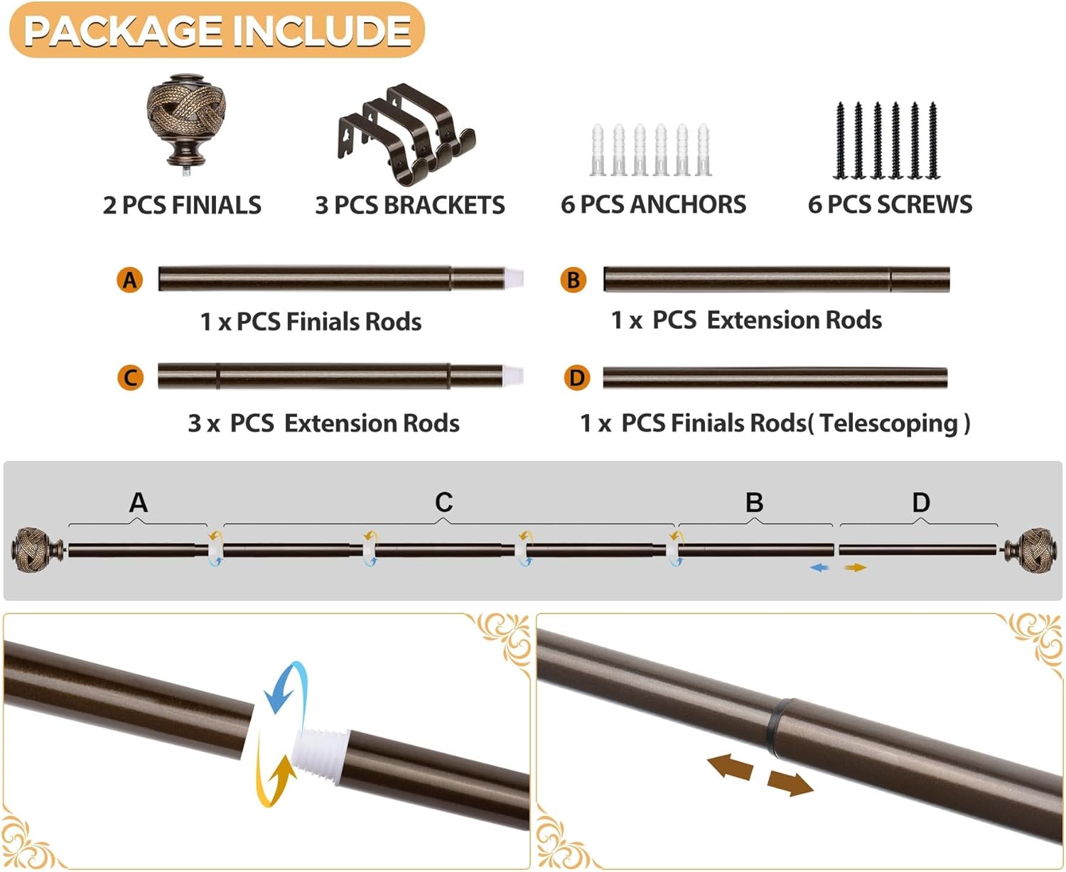 USFOOK Bronze Curtain Rods 48-84 Inch with Leaf Finials