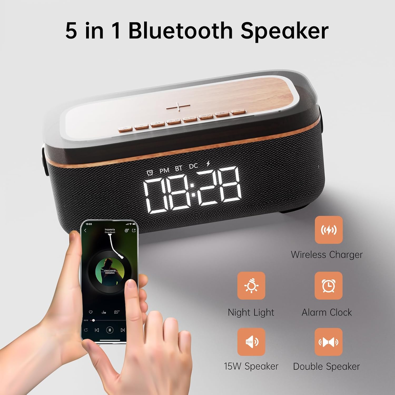 LOVME Alarm Clock with Bluetooth Speaker and Night Light