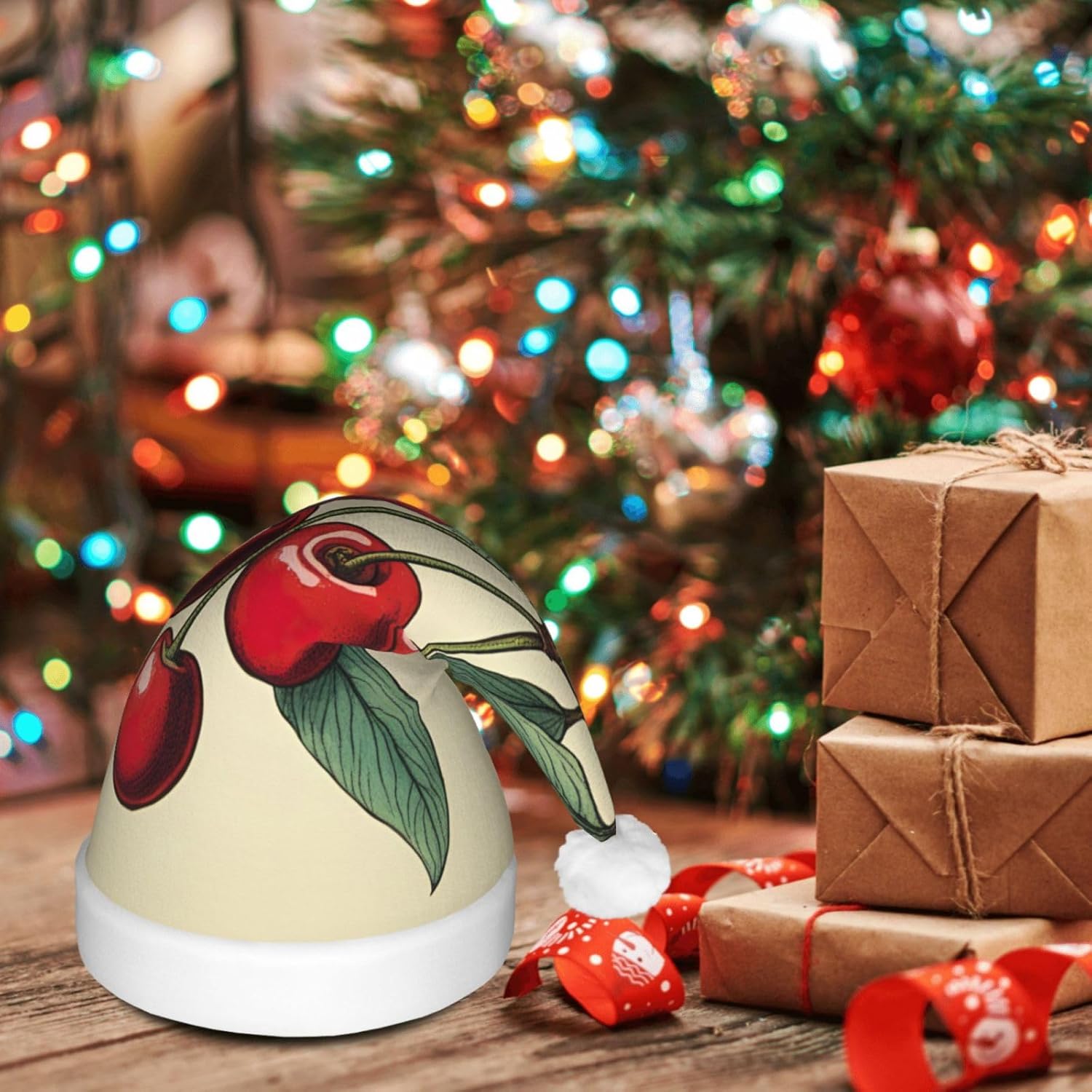 QINZHENG Red Cherry Print LED Santa Hat for Adults
