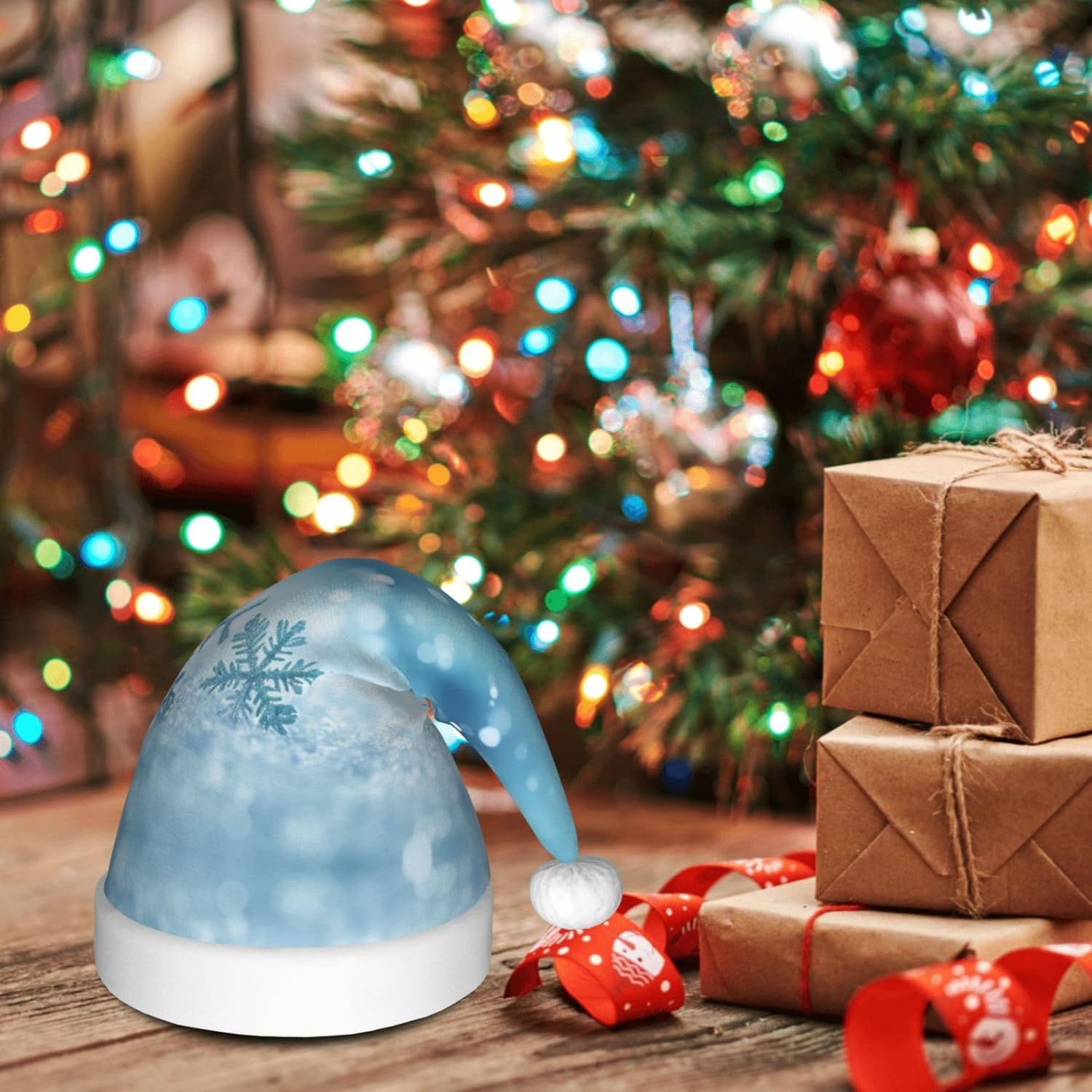 Blue Christmas Snowflake Print Santa Hat Plush Funny Adult Party