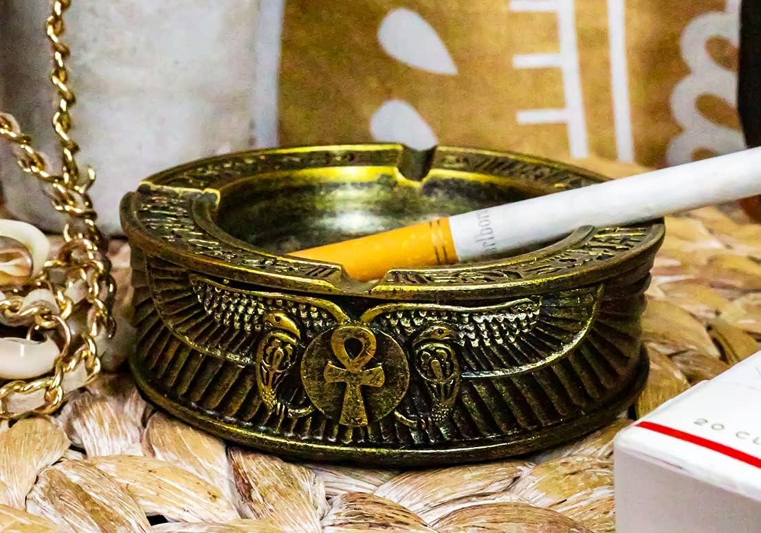Egyptian Theme Ankh Dual Cobra Winged Scarab Ashtray Figurine 4 Inch