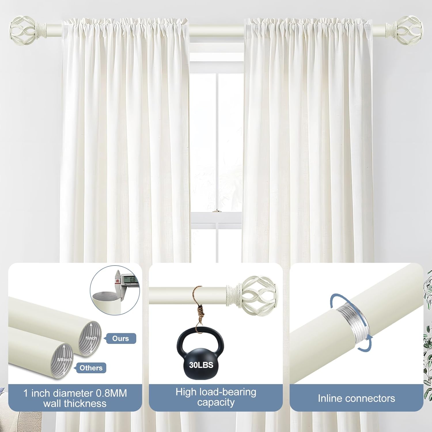 White Twisted Cage Finials Curtain Rod for Windows