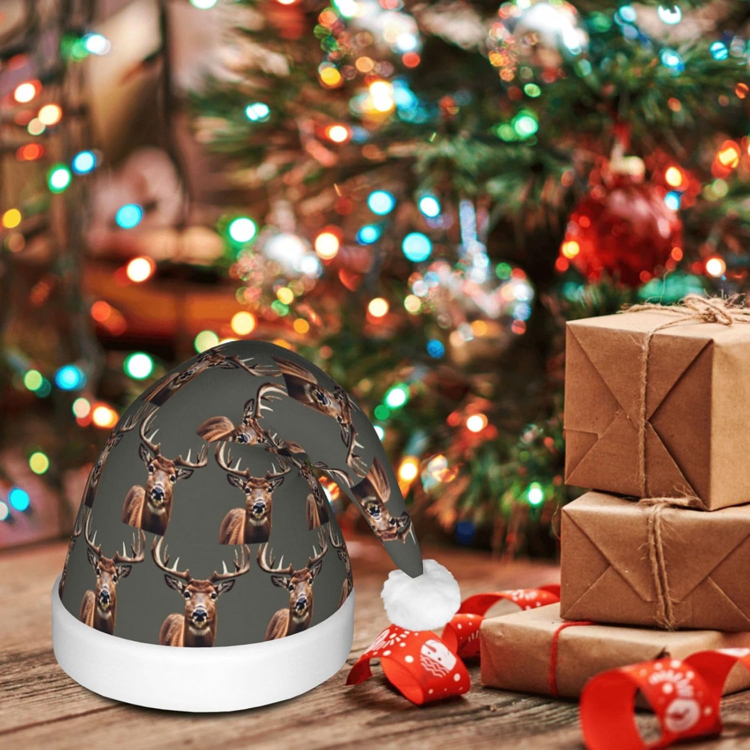 Beauty Deer Print Christmas Santa Hat Plush Light Up Funny Adult Party Hat
