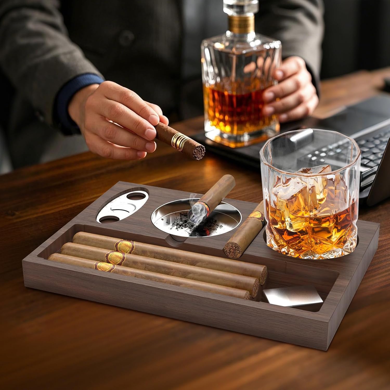 Wooden Cigar Ashtray with Cutters and Whiskey Glass Holder