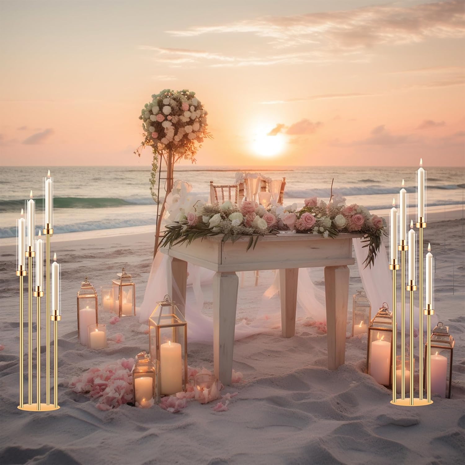 2 Sets Gold Candelabra Centerpieces with LED Candles