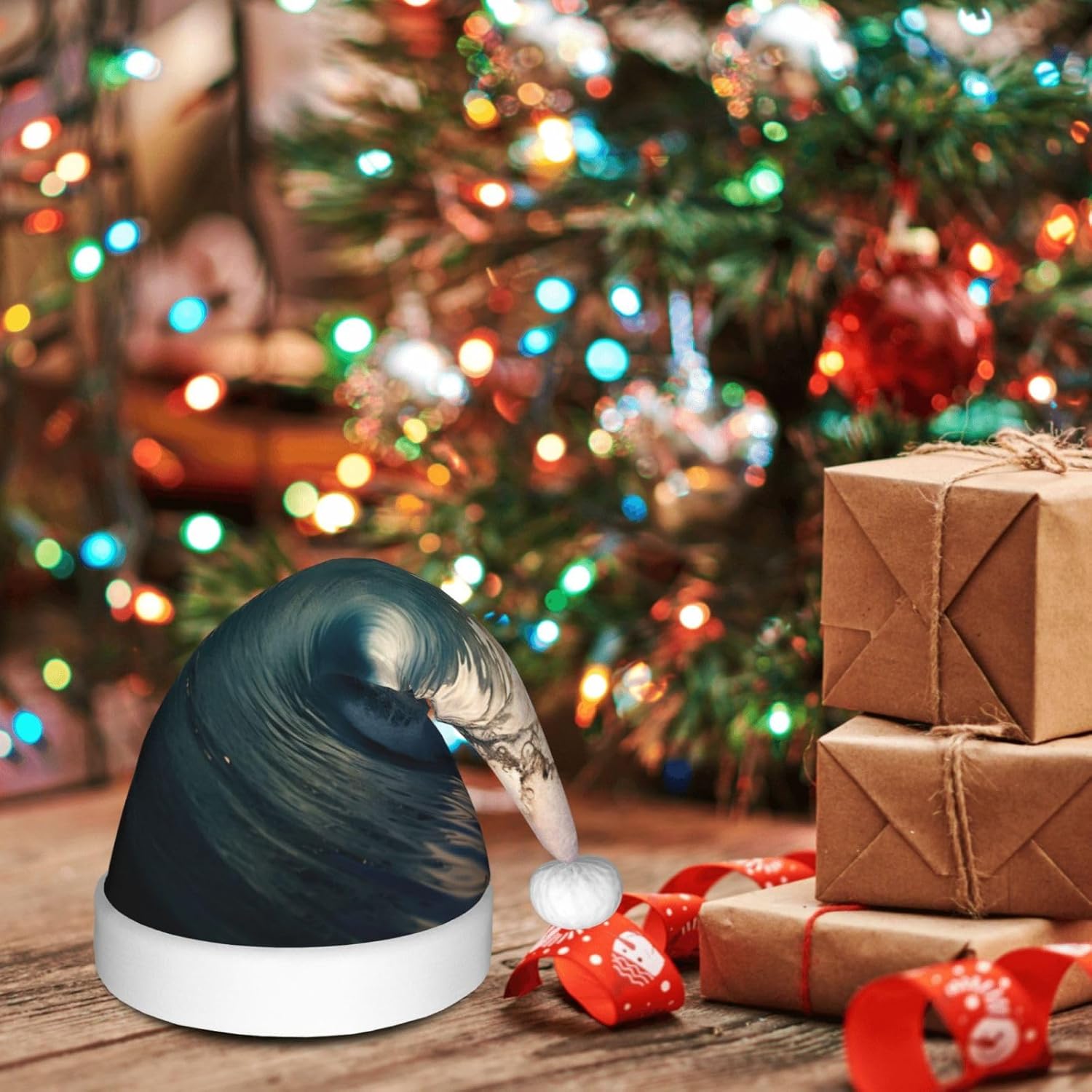 Beautiful Ocean Waves Print Christmas Santa Hat Plush for Adult