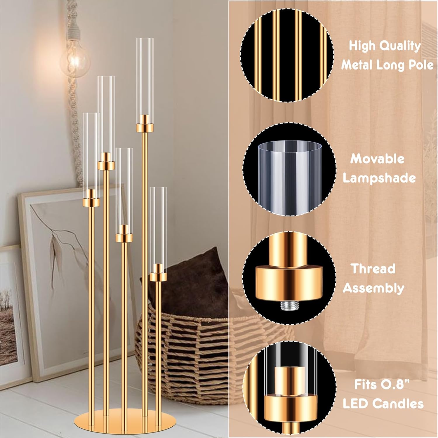 2 Sets Gold Candelabra Centerpieces with LED Candles