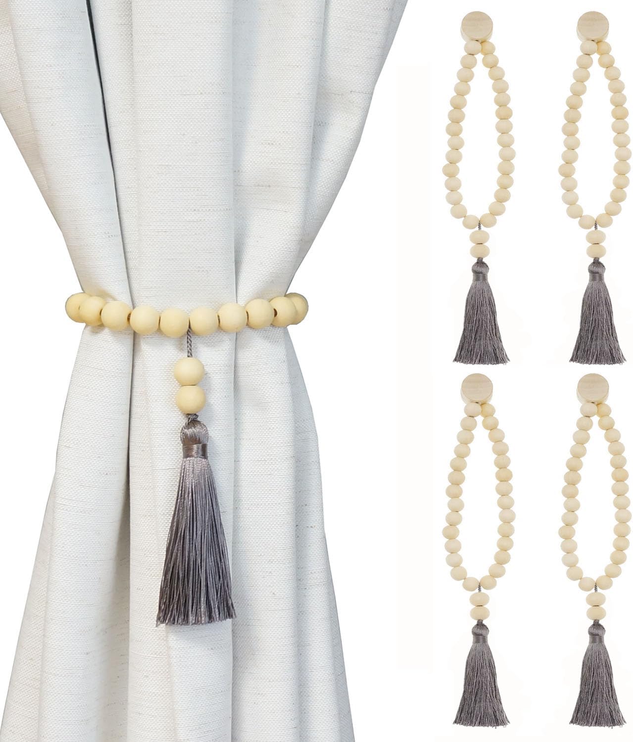 Magnetic Tassel Curtain Tiebacks - Set of 4 Grey