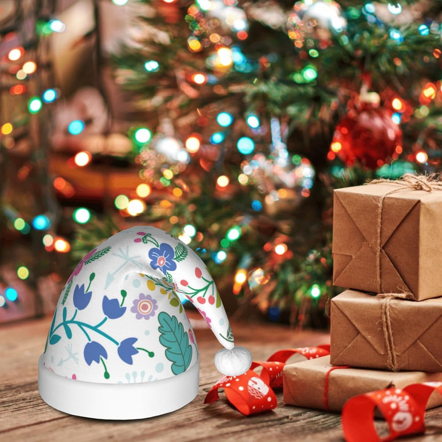 QINZHENG Personalized Santa Hat with Doodle Flowers Print