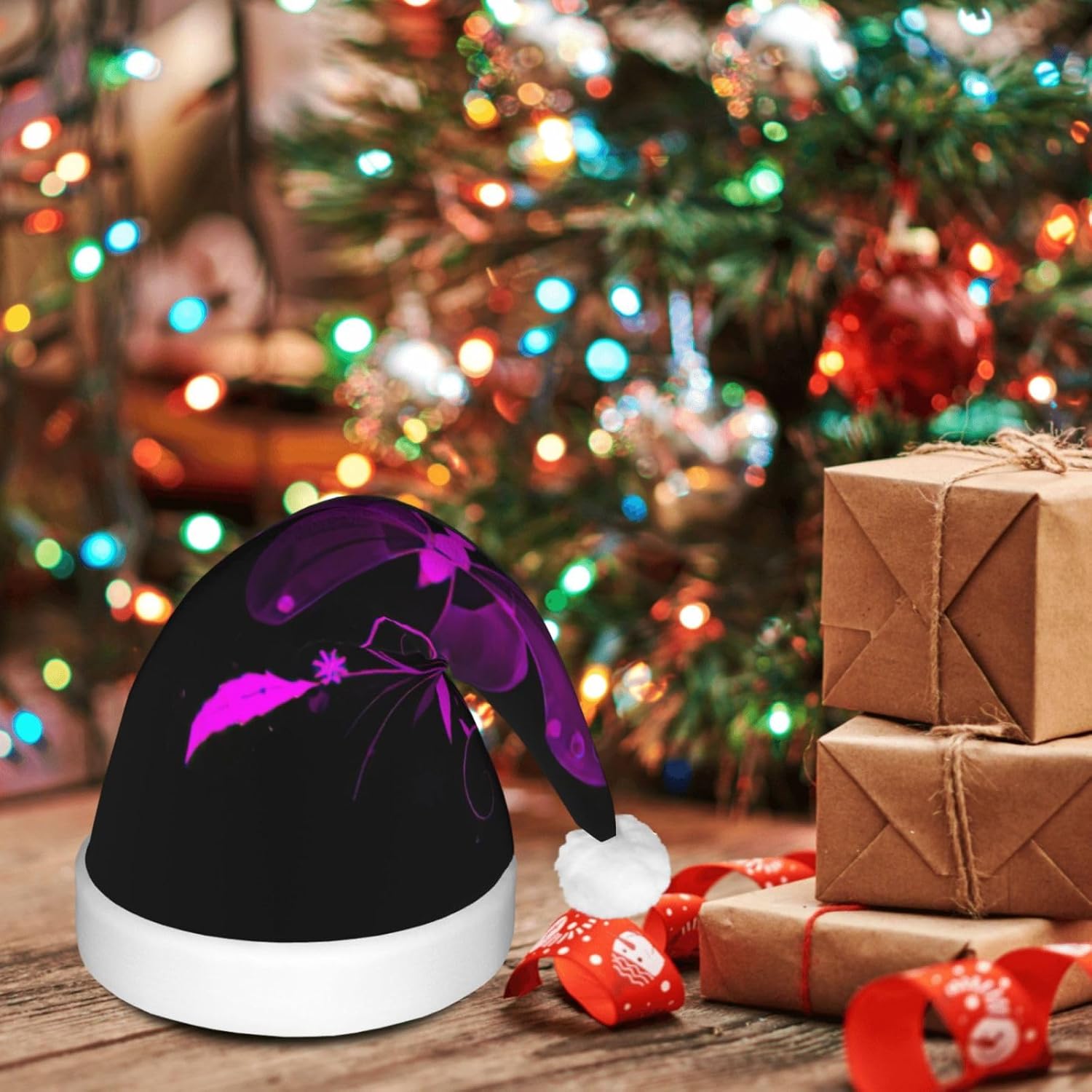QINZHENG Purple Black Butterfly Print LED Santa Hat for Christmas Halloween Party