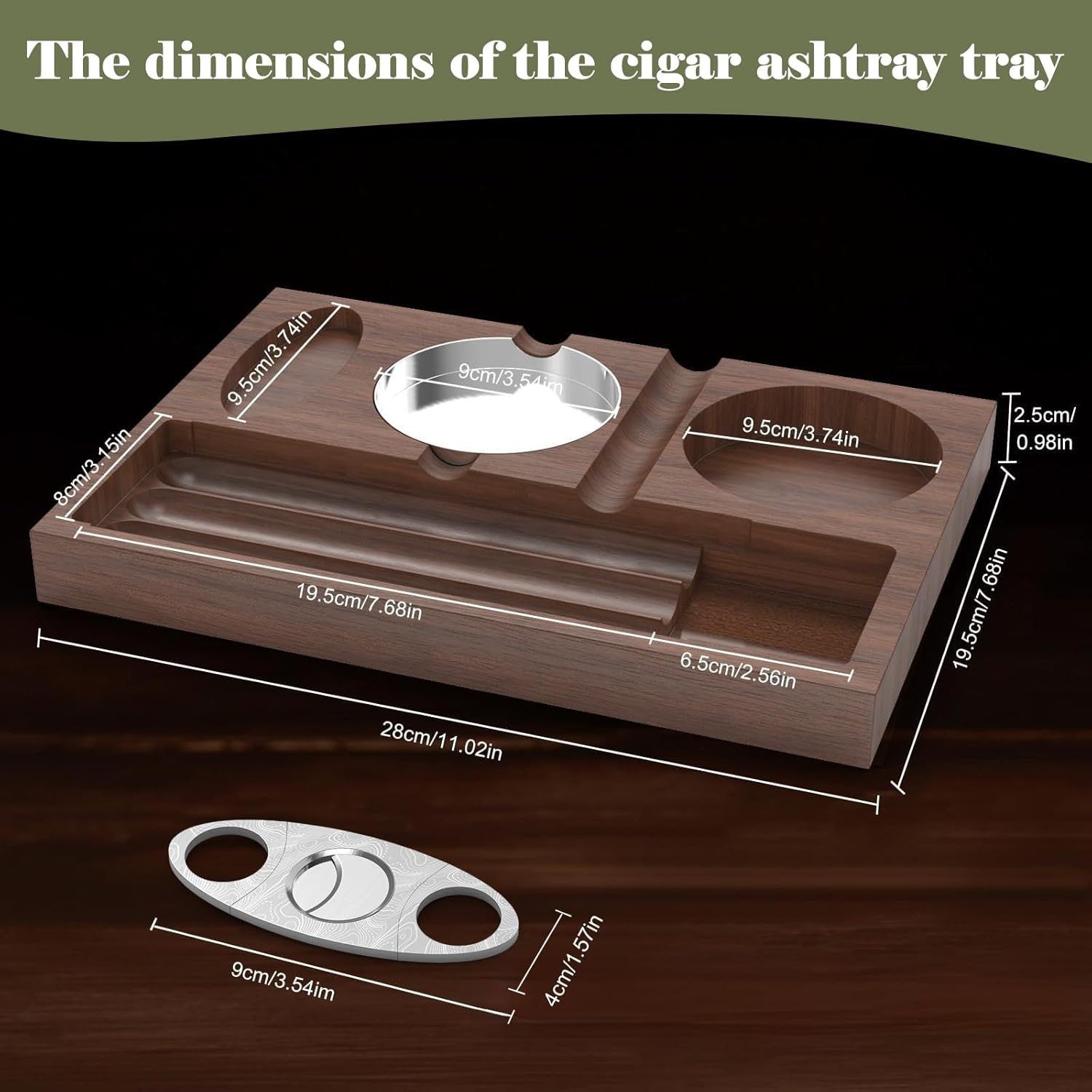 Wooden Cigar Ashtray with Cutters and Whiskey Glass Holder