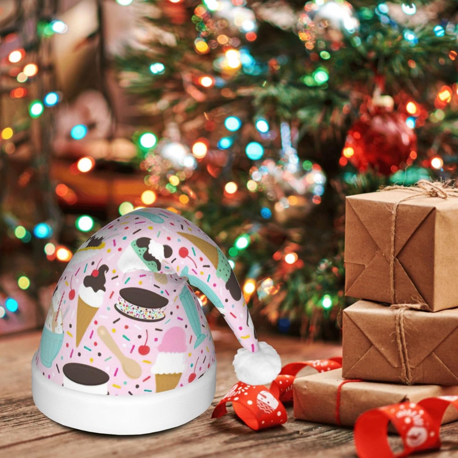 Sweet Ice Cream Santa Hat Plush Light Up Holiday Headwear